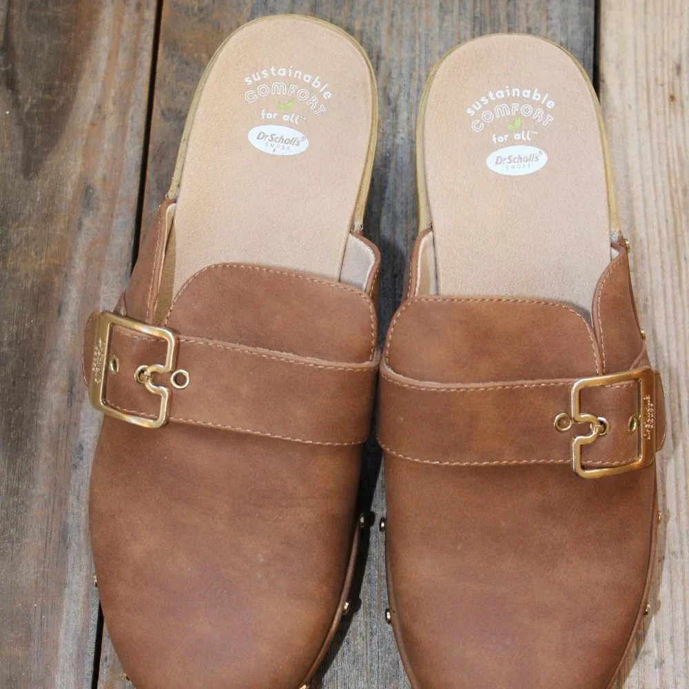 SALE! Dr. Scholl's Faux Wooden Bottom Classic Clogs Honey & Gold size 9 M NWT's - Picture 5 of 13